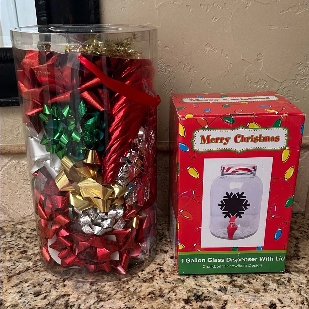 Target Holiday Glass Dispenser with Red, Green, and Gold Bows